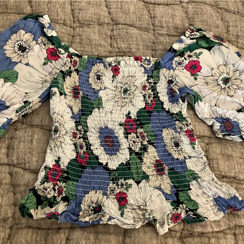 GAP Floral Smocked Off-Shoulder Crop Top - White, Blue, Green, Pink
